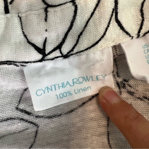 Cynthia Rowley Women 100% Linen Collared Pullover T Shirt Sz L White Black Leave - Picture 6 of 9